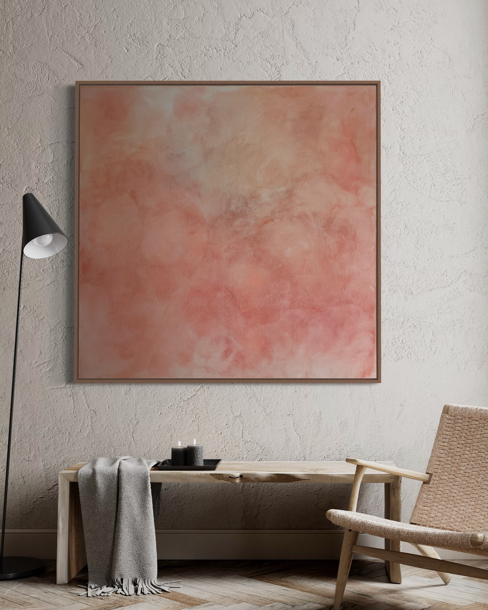 Le ciel en rose - Tableau aquarelle et acrylique ciel rose poudré avec cadre
