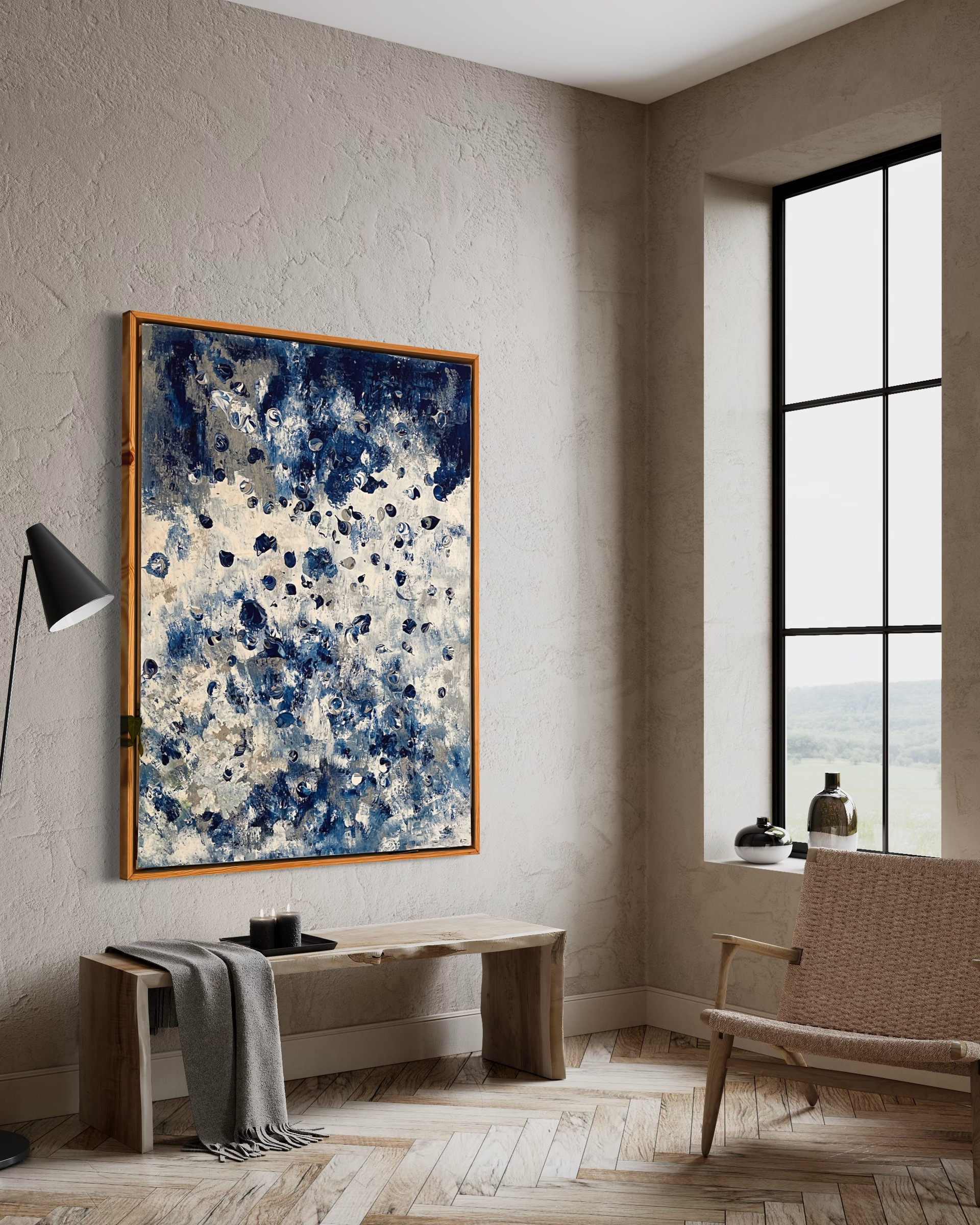 Bleu blanc et argent migration des neurones - Tableau acrylique abstrait scientifique